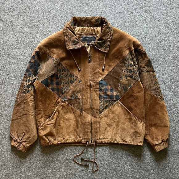 Vintage 80s Repertoire Suede Leather Bomber Jacket Patchwork Pattern Mens Medium - Picture 1 of 15